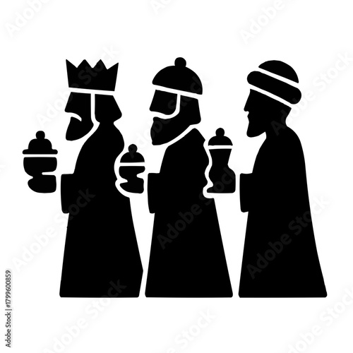 Three wise men silhouettes carrying gifts, symbolizing Christmas story and Nativity scene for festive celebrations and religious art projects