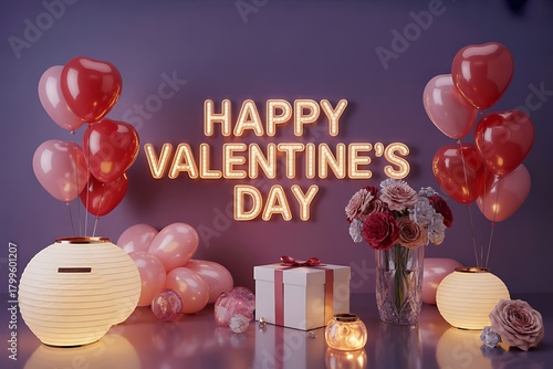 Romantic Valentine's Day setup with glowing sign, flowers, gift, and heart balloons for your special love celebration