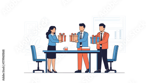 Team celebrating coworker's birthday with thoughtful gifts in modern office, fostering positive employee relationships and workplace culture