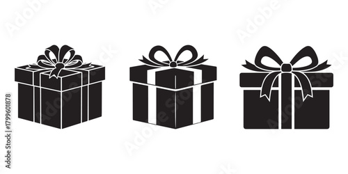Present gift box icon. Vector isolated elements. Christmas gift icon illustration vector symbol. Surprise present linear design. Stock vector. Gift box icon set. Presents silhouettes. Christmas gift 