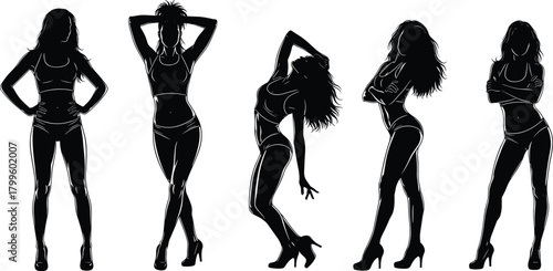 Collection of female silhouettes in stylish poses, fashion model figures, elegant woman outlines for design, artwork, fitness, beauty, and illustration projects