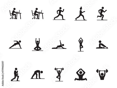Minimal Human Activity Icons: Fitness, Office Work, Yoga & Training Vol.3