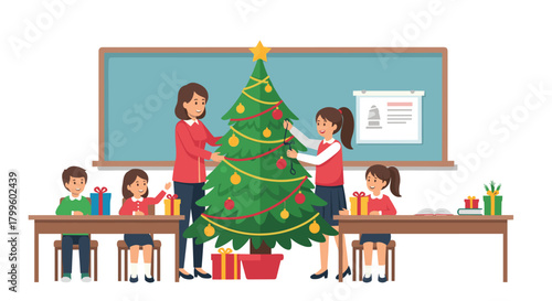 Teacher and students joyfully decorating Christmas tree in classroom for holiday celebration and festive spirit with gifts at school party
