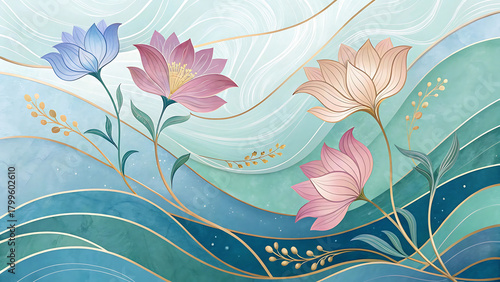 Floral watercolor painting with blue and pink flowers on teal background 3d wallpaper home decoration custom 3d photo wallpaper panaflex design for wall hd background