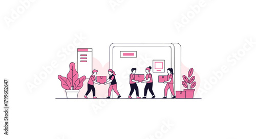 Team working together moving boxes in a modern office, illustrating collaboration and teamwork for a dynamic company, conveying efficiency