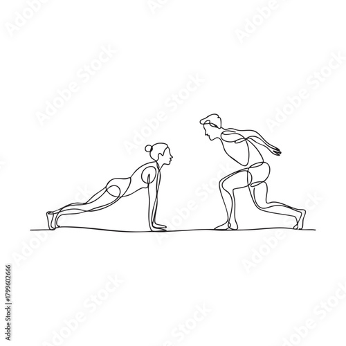 Two people exercising one in plank position other in lunge pose exercise fitness