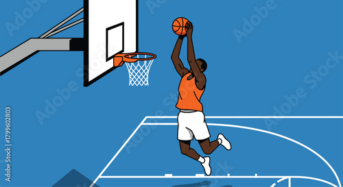 Dynamic basketball player soaring for a slam dunk in a vibrant sports illustration, perfect for athletic campaigns and promotional materials