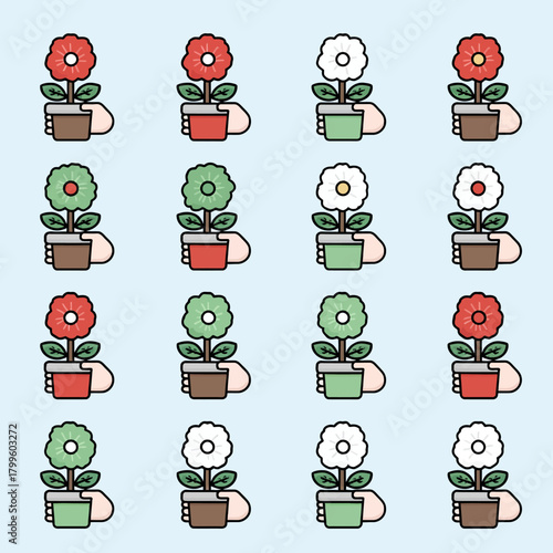 Variety of Colorful Potted Plants Held by Hands - Flat Vector Illustration Representing Gardening, Growth, and Nature Care