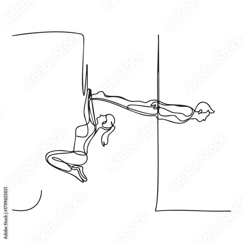 Two people performing aerial yoga on a pole in continuous line art style pole dance fitness