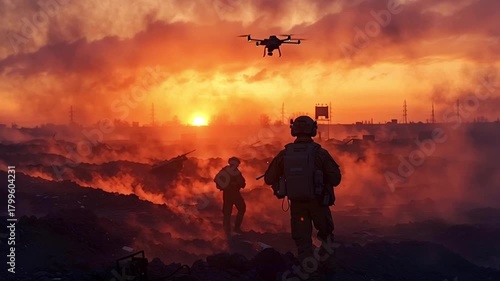 Silhouettes of two armed soldiers walking through a smoking, destroyed urban battlefield under the watchful eye of a military reconnaissance drone flying overhead against a dramatic orange sunset