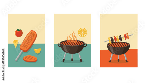 Delicious barbecue scene with corn dog, citrus grill, and kebab on the grill, perfect for summer cookouts and outdoor food promotions