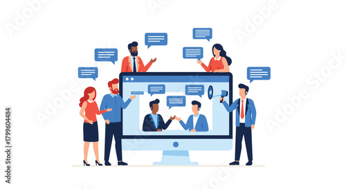 Dynamic online meeting with diverse team members collaborating and sharing ideas for digital marketing strategy in a modern virtual workspace