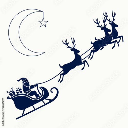 Santa's Celestial Journey: Santa Claus, aboard his sleigh, soars through the night sky, guided by reindeer under the twinkling stars and crescent moon, delivering gifts of joy.