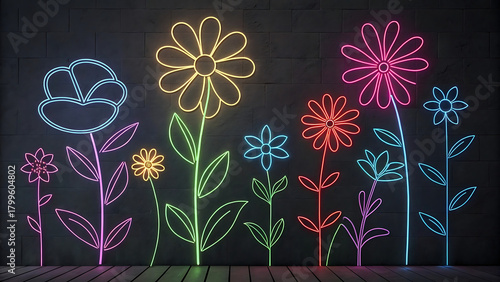 Fototapeta Naklejka Na Ścianę i Meble -  Neon flower garden against dark brick wall 3d wallpaper home decoration custom 3d photo wallpaper panaflex design for wall hd background
