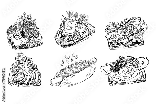 Smorrebrod and Sandwich Line Art Set – Hand-Drawn Food Illustrations