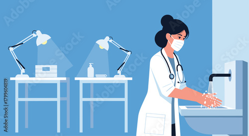 Doctor washing hands thoroughly in modern clinic bathroom for hygiene and safety amid virus concerns with soap and running water for protection