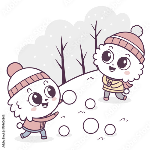Snowball Fun: Animated characters in warm winter attire engage in a playful snowball fight, amidst a snowy landscape of trees and wintery delight. 