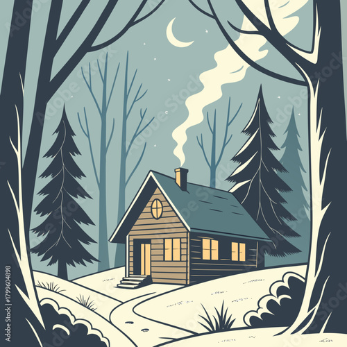 Cozy Cabin in Snowy Woodland: A charming cabin exudes warmth in a tranquil, snow-covered forest, inviting a sense of peace and serenity.