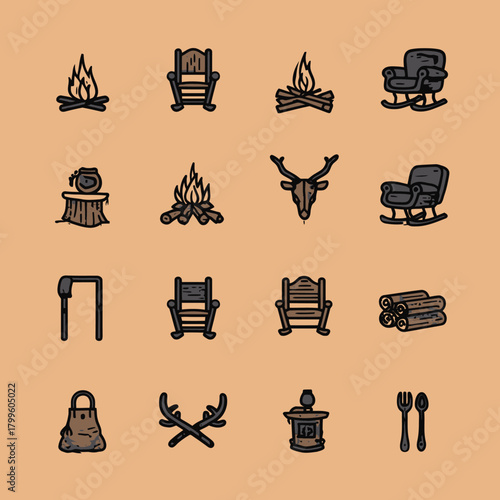 Rustic Camping and Cabin Icons Set - Cozy Outdoor Living, Campfire, Wood Furniture, and Forest Elements Vector Illustration