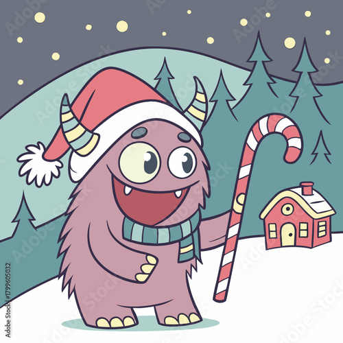 Festive Monster: A jolly monster, donned in a Santa hat and scarf, stands in a snowy wonderland, clutching a candy cane and beside a small house, embodying the playful spirit of winter.