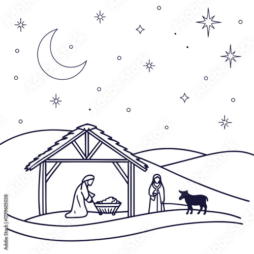 Nativity Scene Illustration: A serene illustration of the nativity scene with the holy family, night sky filled with stars and crescent moon, symbolising the holy birth.