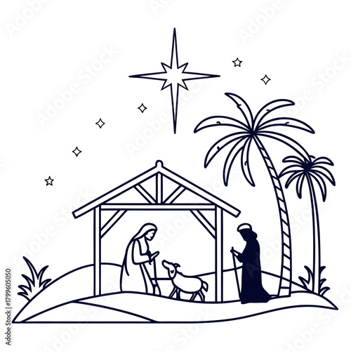 Sacred Scene Silhouette: A depiction of the nativity scene, showcasing a humble manger where a newborn rests, attended by figures in silent reverence, all under the gentle gleam of a guiding star.
