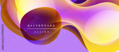 Abstract fluid shapes blend, creating vibrant purple, orange gradients. Text reads background design within central form. Modern, dynamic composition.