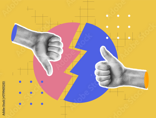 Collage like and dislike concept. Thumb up and thumb down. Yes or no choice