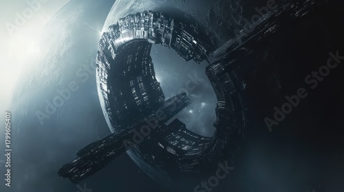 Fototapeta Naklejka Na Ścianę i Meble -  Futuristic space station orbiting planet with bright sun