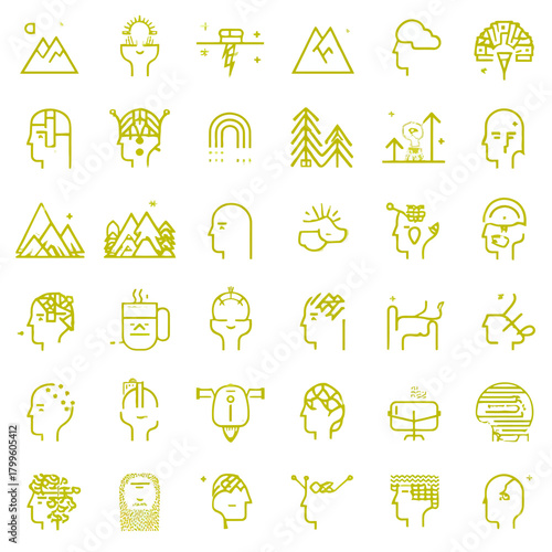 Brain and Mind Concept Outline Icons Set. Human Head, Psychology, Idea, Creativity, Thought Process, Nature, Mental Health Line Art