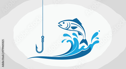 Exciting fishing adventure with a hook and a fish jumping out of the water with splash, perfect for outdoor recreation themes
