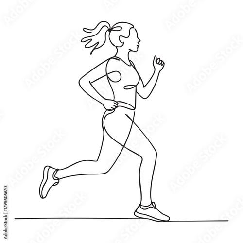 Woman running in profile with ponytail one line drawing female athlete