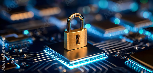 A close-up of a padlock on a circuit board, symbolizing digital security and data protection.