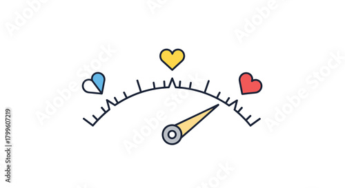 Illustration of a heart meter with a needle pointing towards the center showing love and affection.