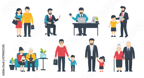 A collection of diverse family and business people in various settings and roles.
