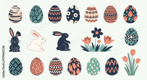A charming collection of pixel art easter eggs bunnies and tulips in muted colors.
