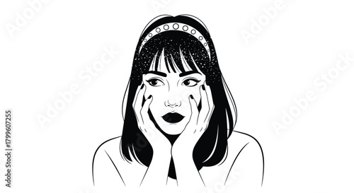 An expressive portrait of a young woman with her hands on her face.