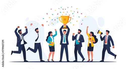 A group of diverse business professionals celebrates a major victory holding a golden trophy with confetti falling around them.