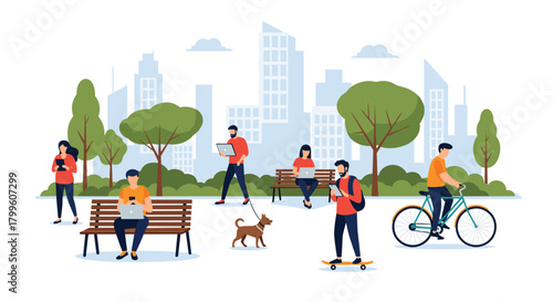 People enjoying a sunny day in a city park surrounded by trees and buildings.