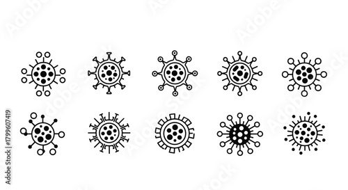 Collection of ten stylized virus icons in a black and white outline design.