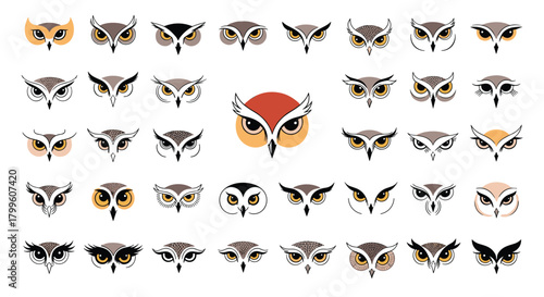 A collection of owl face illustrations with distinct feathered features and large eyes.