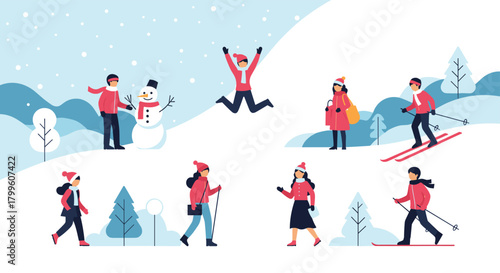 People enjoying winter activities in the snow with trees and mountains in the background.