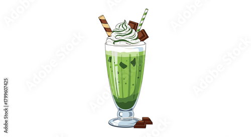 A refreshing green milkshake with whipped cream and chocolate toppings in a tall glass.