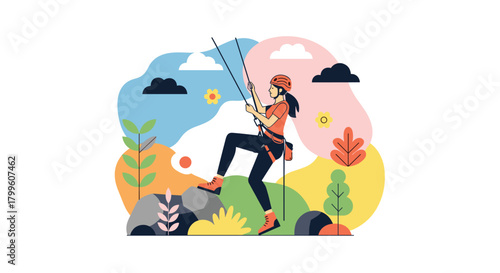 Empowered woman rock climbing with safety gear in vibrant nature scene, demonstrating strength and determination with vector illustration background