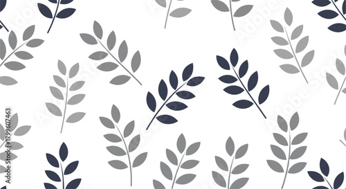 A repeating pattern of stylized gray and dark blue leaves on a white background.