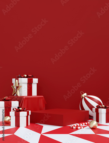 3D Red Christmas Product Podium Scene; Gift Boxes on Checkered Floor; Minimalist Holiday Showcase Background.