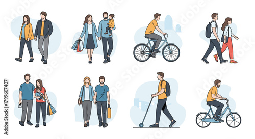 Illustrations of people engaged in various urban and recreational activities.