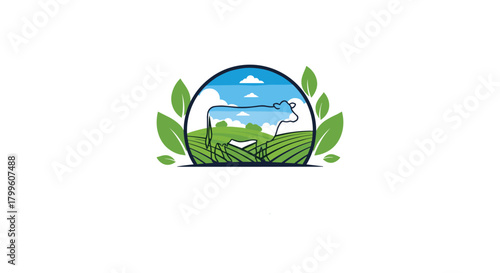 A serene farm landscape featuring a gentle cow amidst lush green fields and vibrant foliage under a clear blue sky.