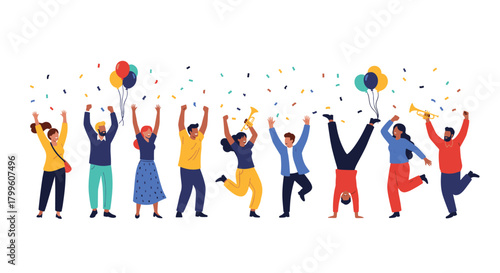 A group of diverse people celebrating joyfully with confetti and balloons in the air.
