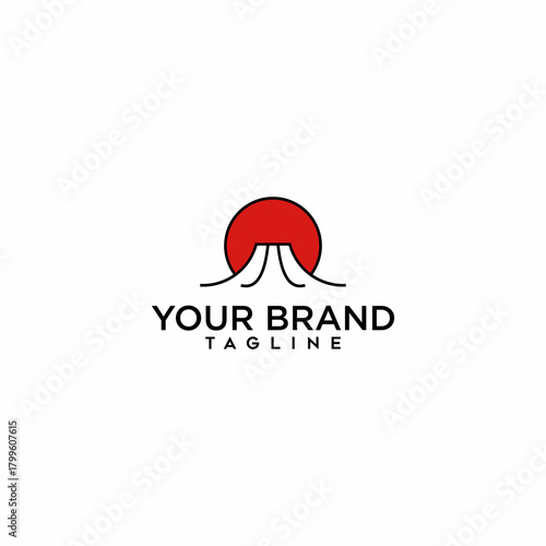 Clean and simple graphic of a mountain peak with a large red sun rising behind it. An iconic design inspired by Japanese nature and culture